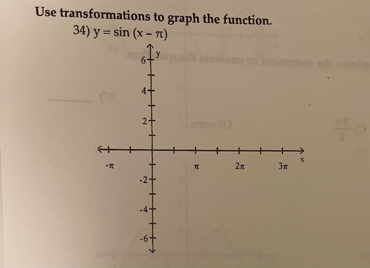 Use transformations to graph the function.
34) y = sin (x - T)
%3D
6-
Insmatals adi entalg
4
Snon (
+
2n
3Tt
-2-
-4
-6
2.
