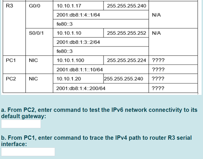 R3
GO/O
10.10.1.17
255.255.255.240
2001:db8:1:4::1/64
N/A
fe80::3
So/0/1
10.10.1.10
255.255.255.252 | N/A
2001:db8:1:3::2/64
fe80::3
PC1
NIC
10.10.1.100
255.255.255.224 ????
2001:db8:1:1::10/64
????
PC2
NIC
10.10.1.20
255.255.255.240
????
2001:db8:1:4::200/64
????
a. From PC2, enter command to test the IPV6 network connectivity to its
default gateway:
b. From PC1, enter command to trace the IPV4 path to router R3 serial
interface:
