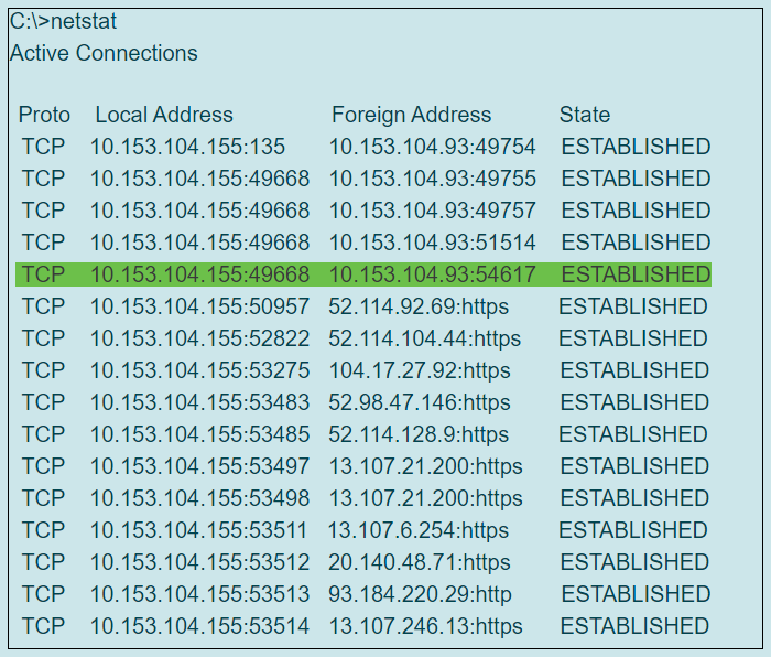 C:\>netstat
Active Connections
Proto Local Address
Foreign Address
State
TCP 10.153.104.155:135
10.153.104.93:49754 ESTABLISHED
TCP 10.153.104.155:49668 10.153.104.93:49755 ESTABLISHED
TCP 10.153.104.155:49668 10.153.104.93:49757 ESTABLISHED
ТСР
10.153.104.155:49668 10.153.104.93:51514 ESTABLISHED
TCP 10.153.104.155:49668 10.153.104.93:54617 ESTABLISHED
TCP 10.153.104.155:50957 52.114.92.69:https
ESTABLISHED
TCP 10.153.104.155:52822 52.114.104.44:https
TCP 10.153.104.155:53275 104.17.27.92:https
ESTABLISHED
ESTABLISHED
TCP 10.153.104.155:53483 52.98.47.146:https
ESTABLISHED
TCP 10.153.104.155:53485 52.114.128.9:https
ESTABLISHED
TCP 10.153.104.155:53497 13.107.21.200:https
ESTABLISHED
TCP 10.153.104.155:53498 13.107.21.200:https
ESTABLISHED
TCP 10.153.104.155:53511 13.107.6.254:https
ESTABLISHED
TCP 10.153.104.155:53512 20.140.48.71:https
ESTABLISHED
TCP 10.153.104.155:53513 93.184.220.29:http
ESTABLISHED
TCP 10.153.104.155:53514 13.107.246.13:https
ESTABLISHED
