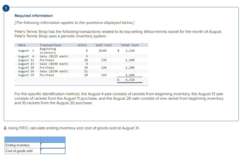 !
Required information
[The following information applies to the questions displayed below.]
Pete's Tennis Shop has the following transactions related to its top-selling Wilson tennis racket for the month of August.
Pete's Tennis Shop uses a periodic inventory system.
Date
Transactions
Units
Unit Cost
Total Cost
Beginning
inventory
Sale ($125 each)
August 1
$140
$
1,120
August 4
August 11
August 13
August 20
August 26
August 29
Purchase
10
130
1,300
Sale ($140 each)
Purchase
8
10
120
1, 200
Sale ($150 each)
Purchase
11
10
110
1,100
$
4,720
For the specific identification method, the August 4 sale consists of rackets from beginning inventory, the August 13 sale
consists of rackets from the August 11 purchase, and the August 26 sale consists of one racket from beginning inventory
and 10 rackets from the August 20 purchase.
2. Using FIFO, calculate ending inventory and cost of goods sold at August 31.
Ending inventory
Cost of goods sold
