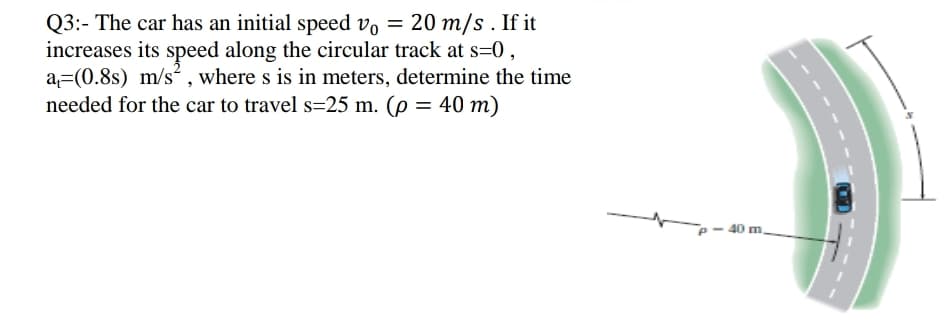 Q3:- The car has an initial speed vo = 20 m/s . If it
increases its speed along the circular track at s=0,
a=(0.8s) m/s , where s is in meters, determine the time
needed for the car to travel s=25 m. (p = 40 m)
