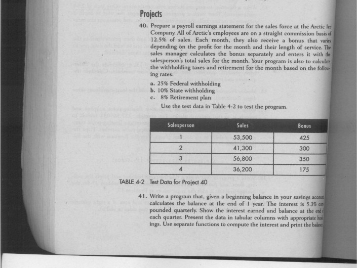 Projects
40. Prepare a payroll earnings statement for the sales force at the Arctic Ice
Company. All of Arctic's employees are on a straight commission basis of
12.5% of sales. Each month, they also receive a bonus that varies
depending on the profit for the month and their length of service. The
sales manager calculates the bonus separately and enters it with the
salesperson's total sales for the month. Your program is also to calculate
the withholding taxes and retirement for the month based on the follow
ing rates:
a. 25% Federal withholding
b. 10% State withholding
c.
8% Retirement plan
Use the test data in Table 4-2 to test the program.
Salesperson
Sales
Bonus
1
53,500
425
2
41,300
300
3
56,800
350
4
36,200
175
TABLE 4-2 Test Data for Project 40
41. Write a program that, given a beginning balance in your savings accout
calculates the balance at the end of 1 year. The interest is 5.3% con
pounded quarterly. Show the interest earned and balance at the end
each quarter. Present the data in tabular columns with appropriate hai
ings. Use separate functions to compute the interest and print the balan