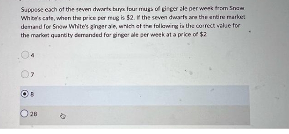 Suppose each of the seven dwarfs buys four mugs of ginger ale per week from Snow
White's cafe, when the price per mug is $2. If the seven dwarfs are the entire market
demand for Snow White's ginger ale, which of the following is the correct value for
the market quantity demanded for ginger ale per week at a price of $2
4
8
28