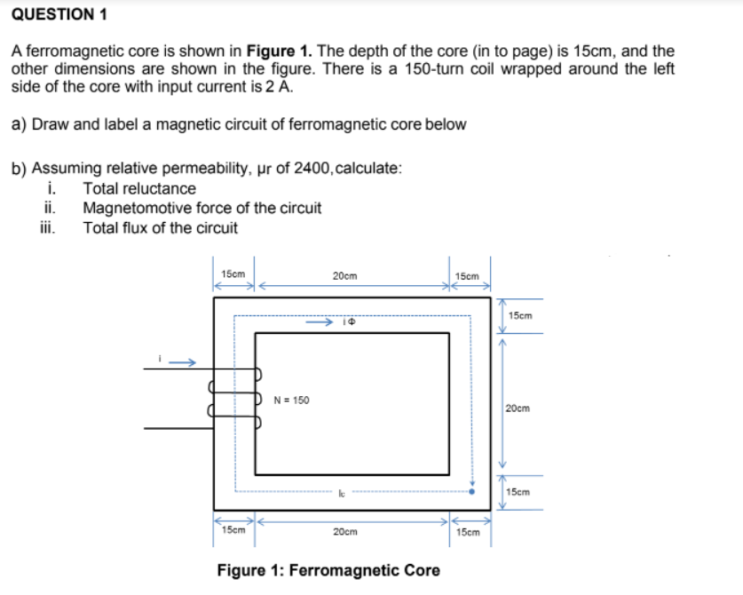 QUESTION 1
A ferromagnetic core is shown in Figure 1. The depth of the core (in to page) is 15cm, and the
other dimensions are shown in the figure. There is a 150-turn coil wrapped around the left
side of the core with input current is 2 Ā.
a) Draw and label a magnetic circuit of ferromagnetic core below
b) Assuming relative permeability, pr of 2400,calculate:
i. Total reluctance
ii.
Magnetomotive force of the circuit
Total flux of the circuit
ii.
15cm
20cm
15cm
15сm
N= 150
20cm
15cm
15cm
20cm
15cm
Figure 1: Ferromagnetic Core
