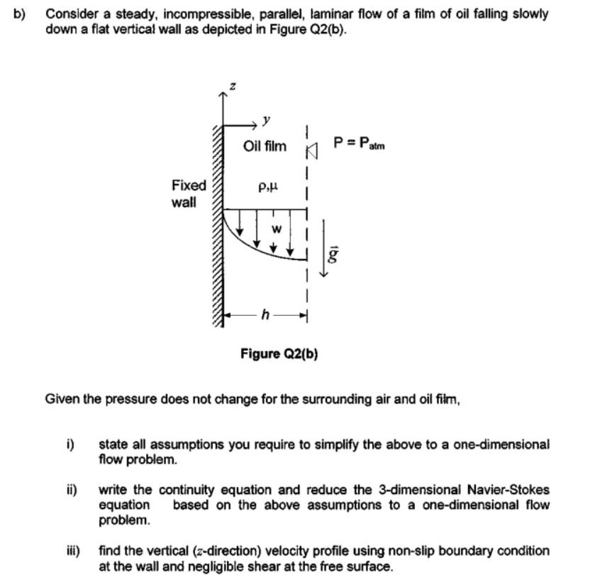 b)
Consider a steady, incompressible, parallel, laminar flow of a film of oil falling slowly
down a flat vertical wall as depicted in Figure Q2(b).
Oil film
P= Patm
Fixed
wall
Figure Q2(b)
Given the pressure does not change for the surrounding air and oil film,
i)
state all assumptions you require to simplify the above to a one-dimensional
flow problem.
ii)
write the continuity equation and reduce the 3-dimensional Navier-Stokes
equation
problem.
based on the above assumptions to a one-dimensional flow
ii)
find the vertical (z-direction) velocity profile using non-slip boundary condition
at the wall and negligible shear at the free surface.
160
