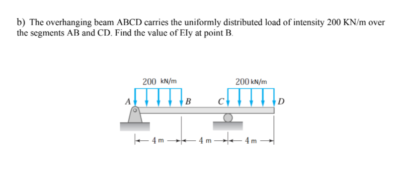b) The overhanging beam ABCD carries the uniformly distributed load of intensity 200 KN/m over
the segments AB and CD. Find the value of Ely at point B.
200 kN/m
200 kN/m
A
k 4m 4 m - 4m
