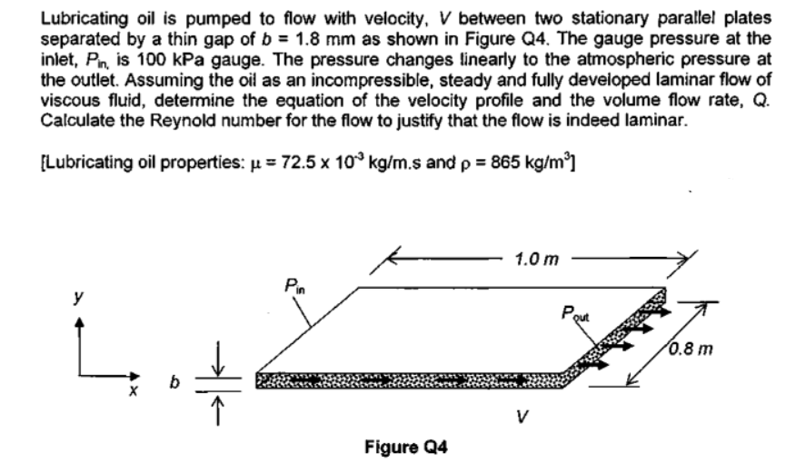 Lubricating oil is pumped to flow with velocity, V between two stationary paralle! plates
separated by a thin gap of b = 1.8 mm as shown in Figure Q4. The gauge pressure at the
inlet, Pn, is 100 kPa gauge. The pressure changes linearly to the atmospheric pressure at
the outlet. Assuming the oil as an incompressible, steady and fully developed laminar flow of
viscous fluid, detemine the equation of the velocity profile and the volume flow rate, Q.
Calculate the Reynold number for the flow to justify that the flow is indeed laminar.
[Lubricating oil properties: µ = 72.5 x 10° kg/m.s and p = 865 kg/m³]
1.0 m
Pin
y
Pout
0.8 m
V
Figure Q4
