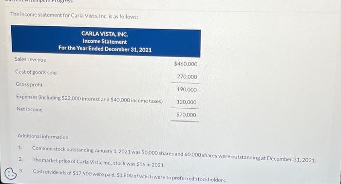 The income statement for Carla Vista, Inc. is as follows:
Sales revenue
Cost of goods sold
Gross profit
Expenses (including $22,000 interest and $40,000 income taxes)
Net income
CARLA VISTA, INC.
Income Statement
For the Year Ended December 31, 2021
1.
2.
3.
$460,000
270,000
Additional information:
Common stock outstanding January 1, 2021 was 50,000 shares and 60,000 shares were outstanding at December 31, 2021.
The market price of Carla Vista, Inc, stock was $16 in 2021.
Cash dividends of $17,900 were paid, $1.800 of which were to preferred stockholders.
190,000
120,000
$70,000
