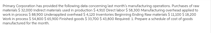 Primary Corporation has provided the following data concerning last month's manufacturing operations. Purchases of raw
materials $ 32,000 Indirect materials used in production $ 4,910 Direct labor $ 58,300 Manufacturing overhead applied to
work in process $ 88,900 Underapplied overhead $ 4,120 Inventories Beginning Ending Raw materials $11,100 $ 18,200
Work in process $ 54,800 $ 65,900 Finished goods $ 33,700 $ 43,800 Required: 1. Prepare a schedule of cost of goods
manufactured for the month.