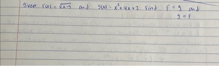 given Fal = √√x-5 and
9(x) = x² + 4x + 2 Find
Fog and
g of