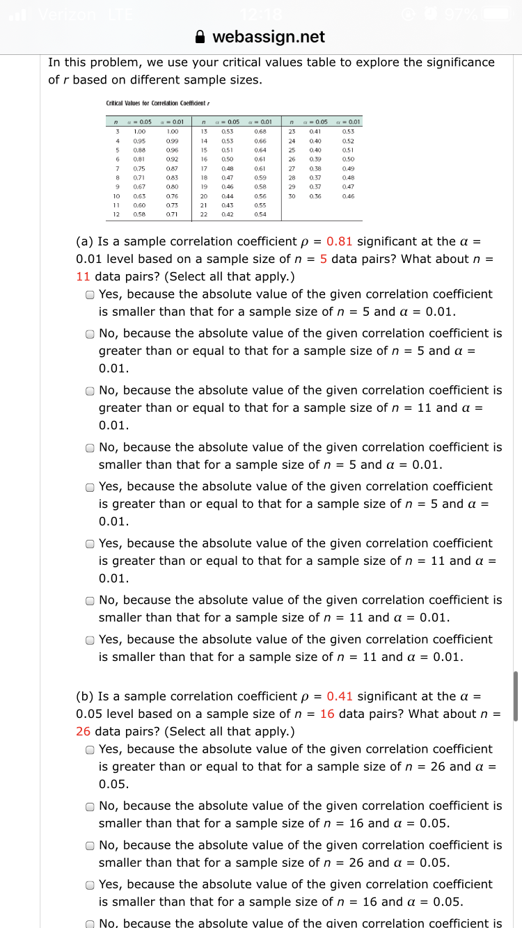 (a) Is a sample correlation coefficient p
0.01 level based on a sample size of n = 5 data pairs? What about n =
= 0.81 significant at the a =
11 data pairs? (Select all that apply.)
