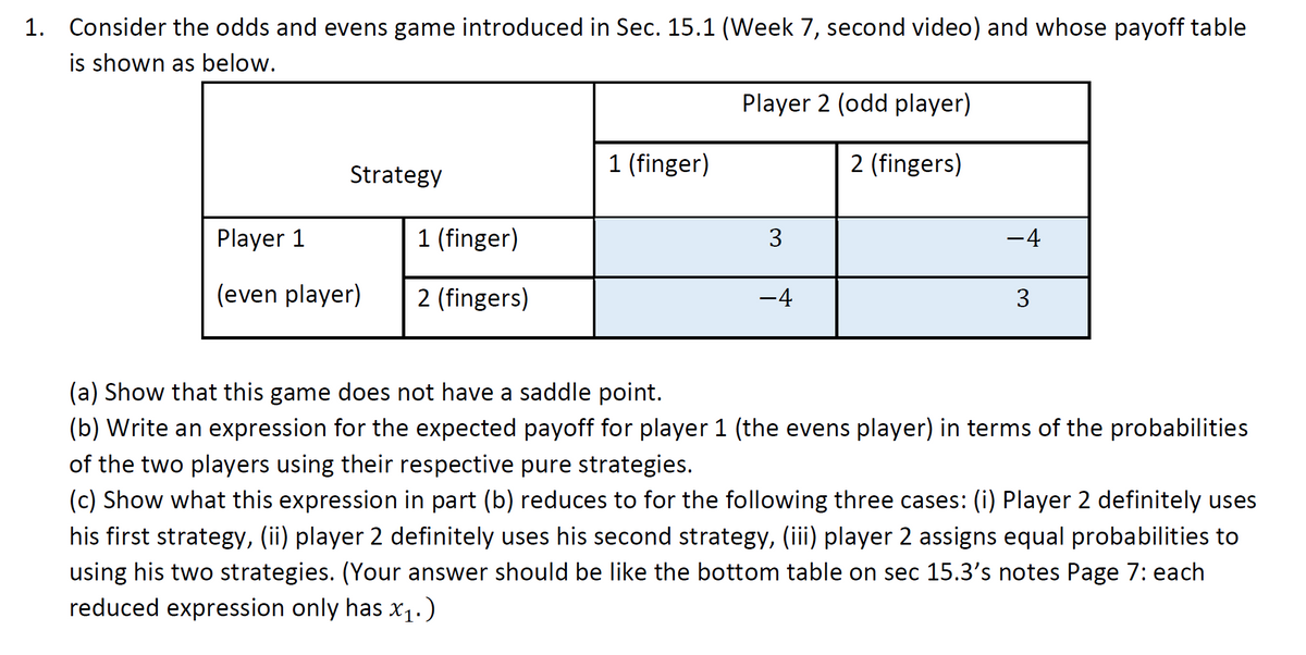 1. Consider the odds and evens game introduced in Sec. 15.1 (Week 7, second video) and whose payoff table
is shown as below.
Strategy
Player 1
(even player)
1 (finger)
2 (fingers)
1 (finger)
Player 2 (odd player)
2 (fingers)
3
-4
−4
3
(a) Show that this game does not have a saddle point.
(b) Write an expression for the expected payoff for player 1 (the evens player) in terms of the probabilities
of the two players using their respective pure strategies.
(c) Show what this expression in part (b) reduces to for the following three cases: (i) Player 2 definitely uses
his first strategy, (ii) player 2 definitely uses his second strategy, (iii) player 2 assigns equal probabilities to
using his two strategies. (Your answer should be like the bottom table on sec 15.3's notes Page 7: each
reduced expression only has x₁.)