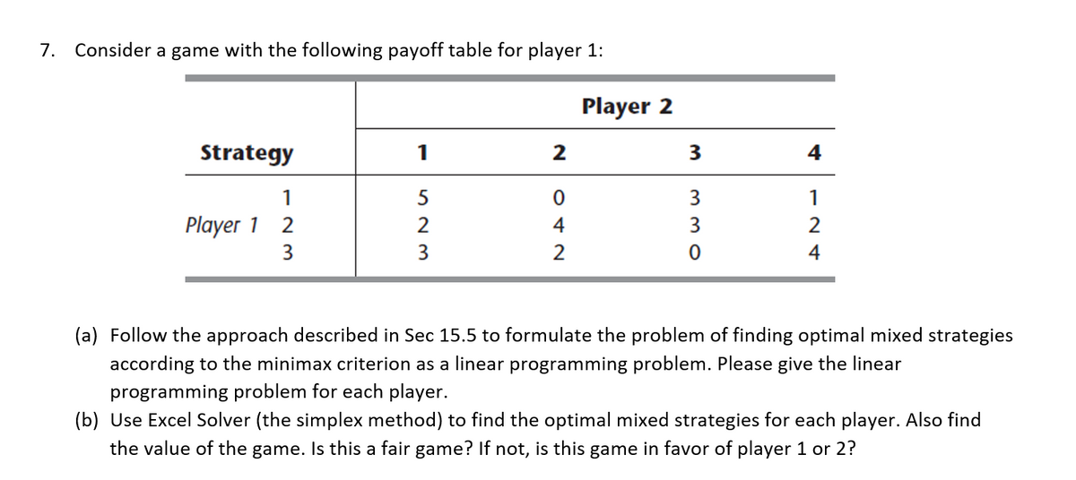7. Consider a game with the following payoff table for player 1:
Strategy
1
Player 1 2
3
1
523
2
042
Player 2
3
3
ww
3
124
2
(a) Follow the approach described in Sec 15.5 to formulate the problem of finding optimal mixed strategies
according to the minimax criterion as a linear programming problem. Please give the linear
programming problem for each player.
(b) Use Excel Solver (the simplex method) to find the optimal mixed strategies for each player. Also find
the value of the game. Is this a fair game? If not, is this game in favor of player 1 or 2?