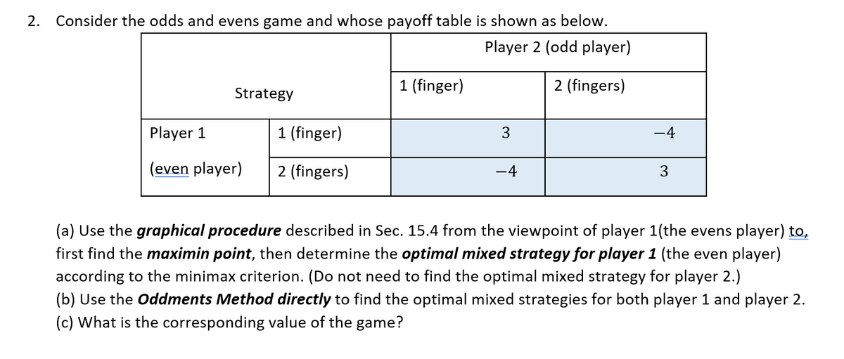 2. Consider the odds and evens game and whose payoff table is shown as below.
Player 2 (odd player)
2 (fingers)
Strategy
Player 1
(even player)
1 (finger)
2 (fingers)
1 (finger)
3
-4
−4
3
(a) Use the graphical procedure described in Sec. 15.4 from the viewpoint of player 1(the evens player) to,
first find the maximin point, then determine the optimal mixed strategy for player 1 (the even player)
according to the minimax criterion. (Do not need to find the optimal mixed strategy for player 2.)
(b) Use the Oddments Method directly to find the optimal mixed strategies for both player 1 and player 2.
(c) What is the corresponding value of the game?