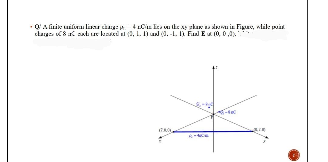 • Q/ A finite uniform linear charge p = 4 nC/m lies on the xy plane as shown in Figure, while point
charges of 8 nC each are located at (0, 1, 1) and (0, -1, 1). Find E at (0, 0 ,0).
0 =8 nC
=8 nC
(7,0,0)
(0,7.0)
P= 4nC/m
7
