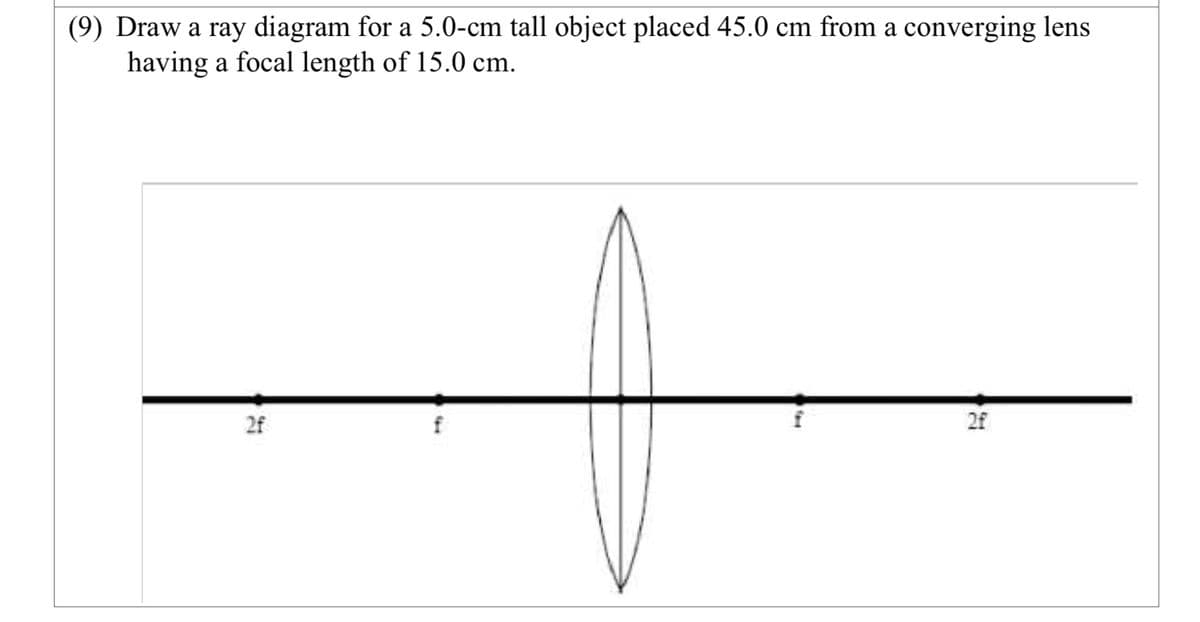 (9) Draw a ray diagram for a 5.0-cm tall object placed 45.0 cm from a converging lens
having a focal length of 15.0 cm.
2f
2f
