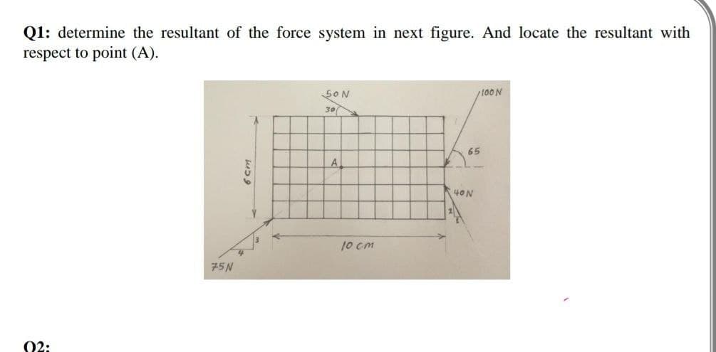 Q1: determine the resultant of the force system in next figure. And locate the resultant with
respect to point (A).
50N
100N
30
65
A
40N
10 cm
75N
02:
