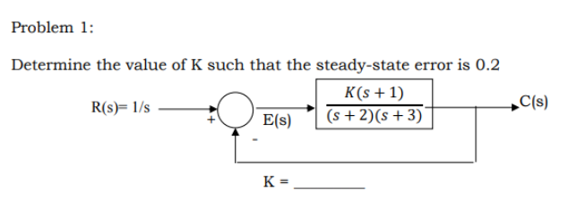 Problem 1:
Determine the value of K such that the steady-state error is 0.2
K(s + 1)
(s + 2)(s +3)
R(s)= 1/s
„C(s)
E(s)
K =
