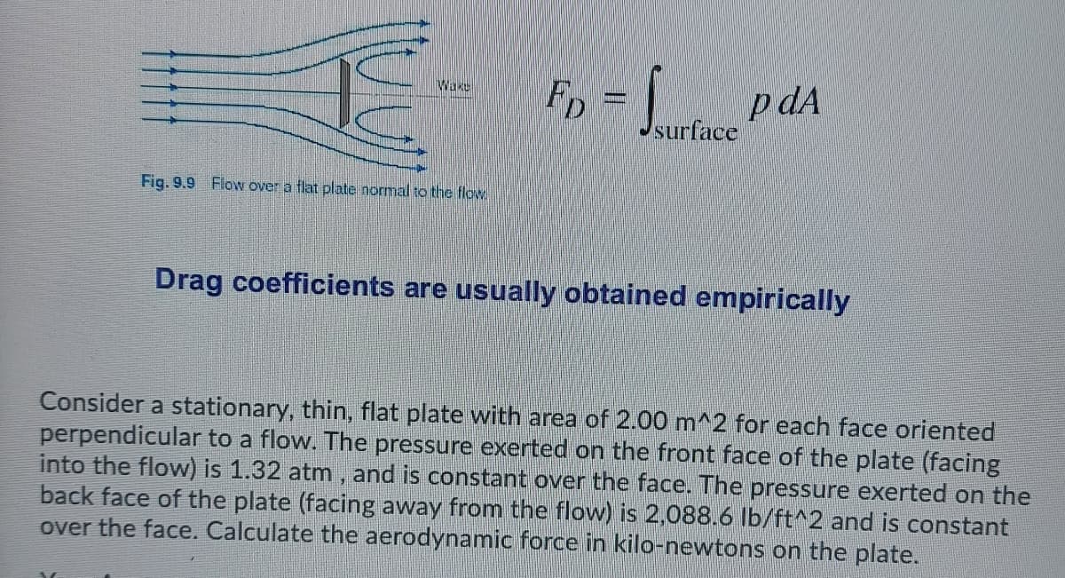 Fp
p dA
Usurface
Wake
Fig. 9.9 Flow over a flat plate normal to the flow
Drag coefficients are usually obtained empirically
Consider a stationary, thin, flat plate with area of 2.00 m^2 for each face oriented
perpendicular to a flow. The pressure exerted on the front face of the plate (facing
into the flow) is 1.32 atm, and is constant over the face. The pressure exerted on the
back face of the plate (facing away from the flow) is 2,088.6 lb/ft^2 and is constant
over the face. Calculate the aerodynamic force in kilo-newtons on the plate.
