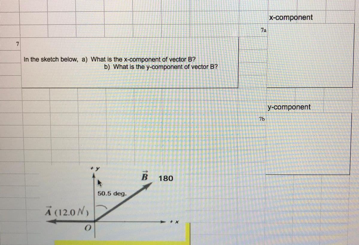 x-component
7a
In the sketch below, a) What is the x-component of vector B?
b) What is the y-component of vector B?
y-component
7b
+y
B
180
50.5 deg.
A (12.0 N)
