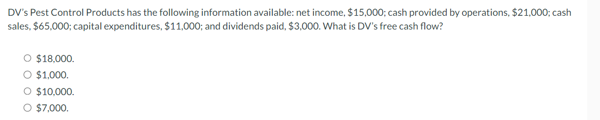 DV's Pest Control Products has the following information available: net income, $15,000; cash provided by operations, $21,000; cash
sales, $65,000; capital expenditures, $11,000; and dividends paid, $3,000. What is DV's free cash flow?
O $18,000.
O $1,000.
O $10,000.
O $7,000.