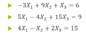 > -3X1 + 9X2 + X3 = 6
• 5X1 – 4X2 + 15X3 = 9
• 4X1 – X2 + 2X3 = 15
