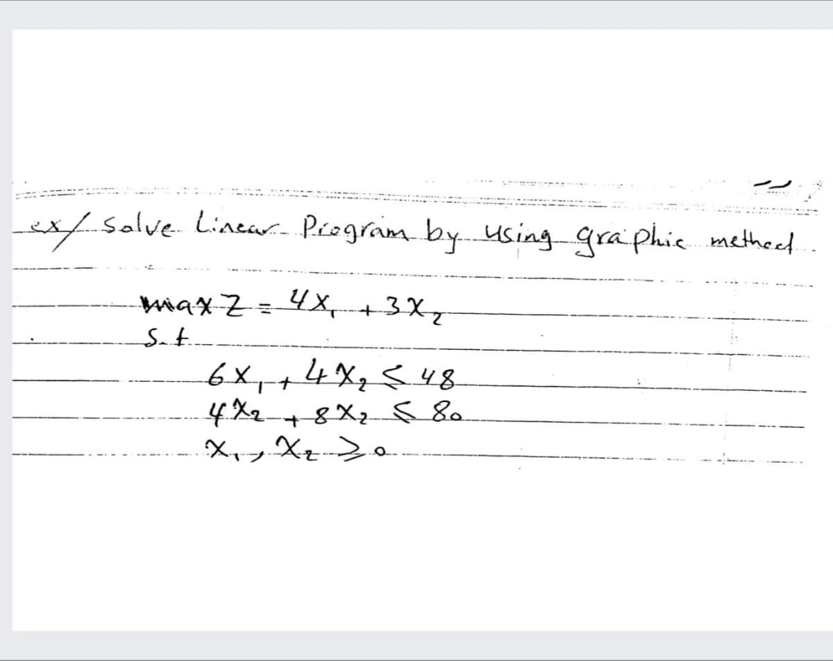 Lex/Salve Linear. Piogram by. using graphic metheed
mmax-Z=4x,+3X,
Sat.
4X7548
6x,+4X7<48.
4%2
X、ッX >。
