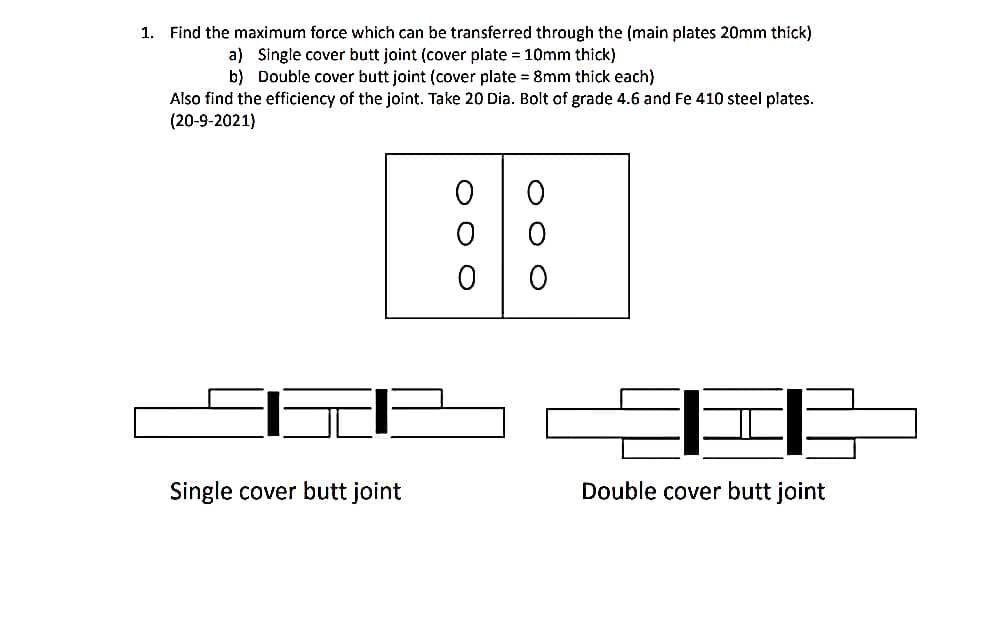 1. Find the maximum force which can be transferred through the (main plates 20mm thick)
a) Single cover butt joint (cover plate = 10mm thick)
b) Double cover butt joint (cover plate = 8mm thick each)
Also find the efficiency of the joint. Take 20 Dia. Bolt of grade 4.6 and Fe 410 steel plates.
(20-9-2021)
Single cover butt joint
OOO
0
000
Double cover butt joint