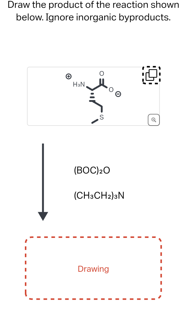 Draw the product of the reaction shown
below. Ignore inorganic byproducts.
✪
H3N
S
(BOC) ₂0
O
(CH3CH2) 3N
Drawing
19