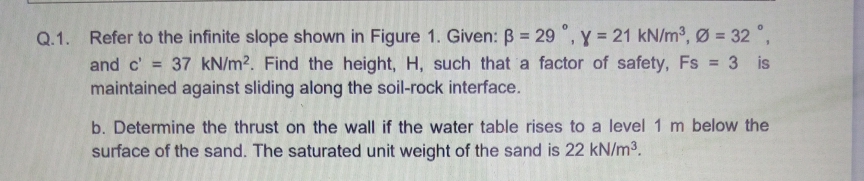 Q.1. Refer to the infinite slope shown in Figure 1. Given: B = 29 °, y = 21 kN/m3, Ø = 32 °,
and c' = 37 kN/m². Find the height, H, such that a factor of safety, Fs 3 is
maintained against sliding along the soil-rock interface.
b. Determine the thrust on the wall if the water table rises to a level 1 m below the
surface of the sand. The saturated unit weight of the sand is 22 kN/m3.
