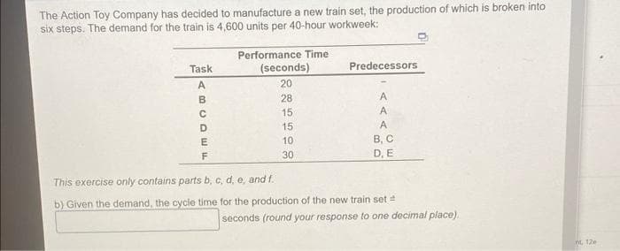 The Action Toy Company has decided to manufacture a new train set, the production of which is broken into
six steps. The demand for the train is 4,600 units per 40-hour workweek:
Performance Time
Task
(seconds)
Predecessors
A
20
B
28
15
15
10
B, C
D, E
30
This exercise only contains parts b, c, d, e, and f.
b) Given the demand, the cycle time for the production of the new train set =
seconds (round your response to one decimal place).
n 12e
