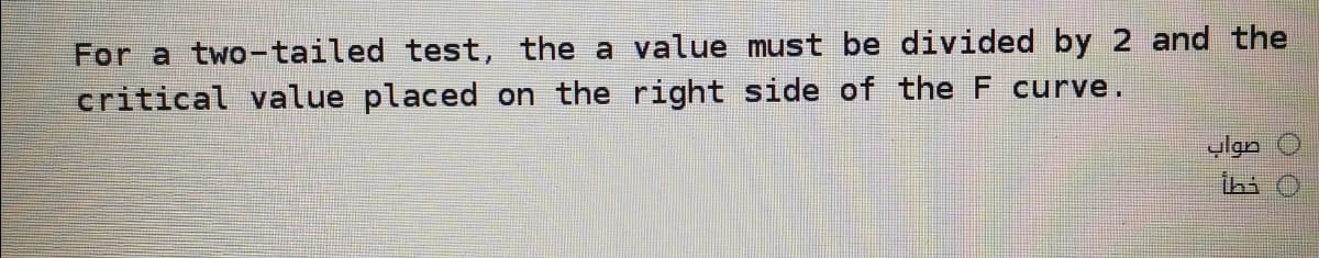 For a two-tailed test, the a value must be divided by 2 and the
critical value placed on the right side of the F curve.
ulan
ihi O
