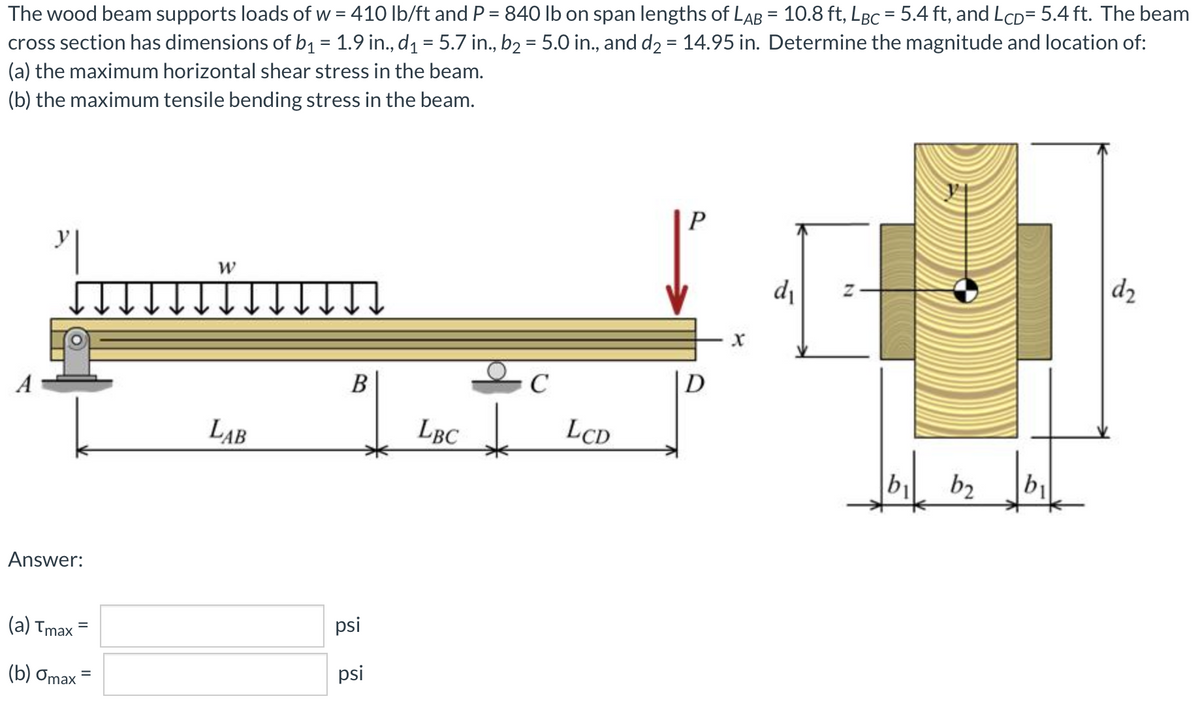 The wood beam supports loads of w = 410 Ib/ft and P = 840 lb on span lengths of LAB = 10.8 ft, LBC = 5.4 ft, and LcD= 5.4 ft. The beam
cross section has dimensions of bq = 1.9 in., dq = 5.7 in., b2 = 5.0 in., and d2 = 14.95 in. Determine the magnitude and location of:
(a) the maximum horizontal shear stress in the beam.
(b) the maximum tensile bending stress in the beam.
%3D
%3D
P
d
d2
В
C
D
LAB
LBC
LCD
b2
Answer:
(a) Tmax
psi
(b) Omax
psi

