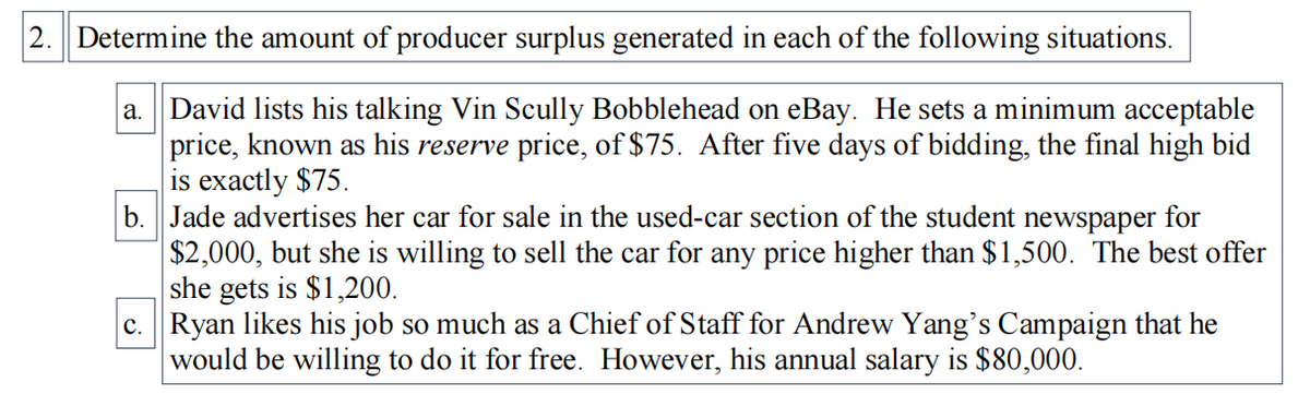2. Determine the amount of producer surplus generated in each of the following situations.
David lists his talking Vin Scully Bobblehead on eBay. He sets a minimum acceptable
price, known as his reserve price, of $75. After five days of bidding, the final high bid
is exactly $75.
b. Jade advertises her car for sale in the used-car section of the student newspaper for
$2,000, but she is willing to sell the car for any price higher than $1,500. The best offer
she gets is $1,200.
c. Ryan likes his job so much as a Chief of Staff for Andrew Yang's Campaign that he
would be willing to do it for free. However, his annual salary is $80,000.
a.

