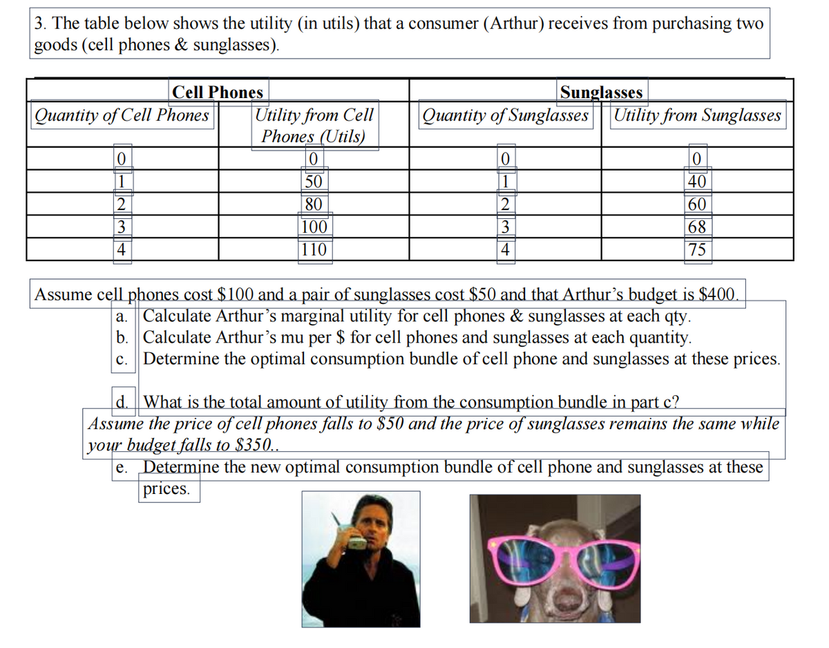3. The table below shows the utility (in utils) that a consumer (Arthur) receives from purchasing two
goods (cell phones & sunglasses).
Cell Phones
Utility from Cell
Phones (Utils)
Sunglasses
Utility from Sunglasses
Quantity of Cell Phones
Quantity of Sunglasses
1
50
1
40
80
2
60
3
100
3
68
4
110
4
75
Assume cell phones cost $100 and a pair of sunglasses cost $50 and that Arthur's budget is $400.
a. Calculate Arthur's marginal utility for cell phones & sunglasses at each qty.
b. Calculate Arthur's mu per $ for cell phones and sunglasses at each quantity.
c. Determine the optimal consumption bundle of cell phone and sunglasses at these prices.
d. What is the total amount of utility from the consumption bundle in part c?
Assume the price of cell phones falls to $50 and the price of sunglasses remains the same while
your budget falls to $350..
e. Determine the new optimal consumption bundle of cell phone and sunglasses at these
prices.
