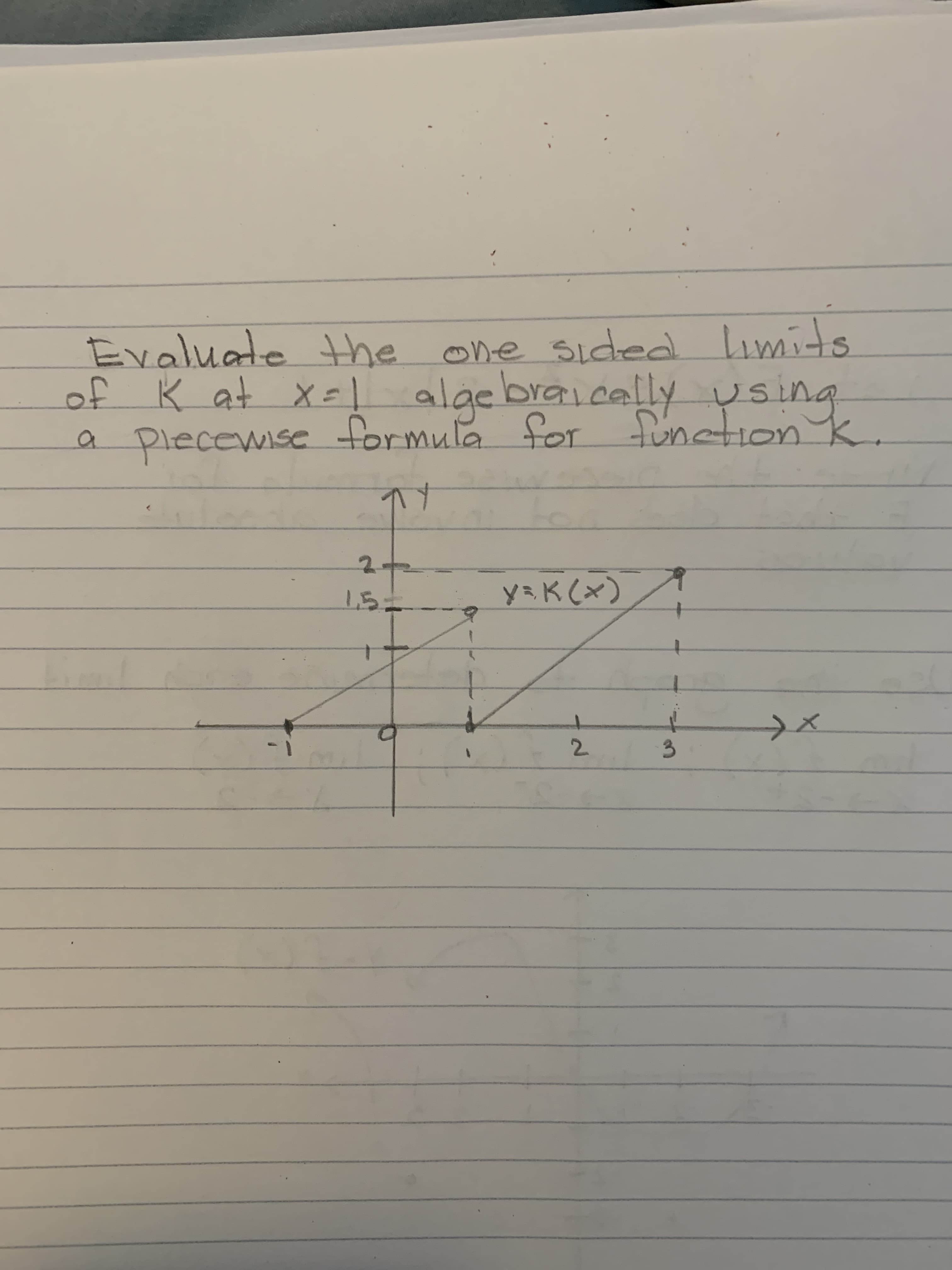 Evaluate the one sided limits
of K at x=L algebraically using
ly Usina
a plecewise formula for functionk
2.
y3K (x)
2.
3.
