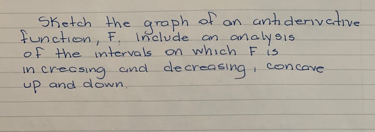 Sketch the araph
function, F, Include an analysis
of the ntervals on which F is
of
an antiderivative
In creasing and de creasing
up and down,
decreasing
i concave
