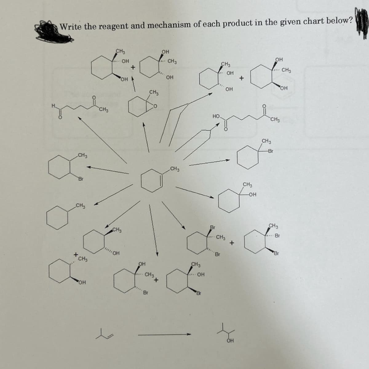 Write the reagent and mechanism of each product in the given chart below?
CH3
х
X CH3
OH
CH3
4.... OH
OH
CH3
он
+
OH
а
ОН
d
CH3
CH3
Br
...CH3
OH
CH 3
CH3
.... OH
НО.
Br
CH3
Br
ОН
ОН
CH3
CH3
риво
CH3
+
+
OH
CH3
-OH
ОН
-Br
CH3
OH
Br
Br
CH3