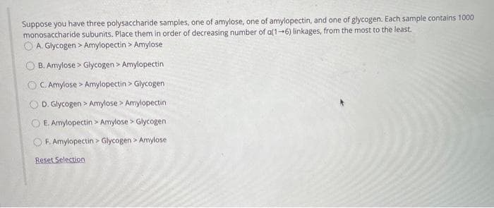 Suppose you have three polysaccharide samples, one of amylose, one of amylopectin, and one of glycogen. Each sample contains 1000
monosaccharide subunits. Place them in order of decreasing number of a(1-6) linkages, from the most to the least.
A. Glycogen > Amylopectin > Amylose
OB. Amylose > Glycogen > Amylopectin
OC. Amylose > Amylopectin > Glycogen
D. Glycogen > Amylose > Amylopectin
OE. Amylopectin Amylose > Glycogen
OF. Amylopectin> Glycogen > Amylose
Reset Selection