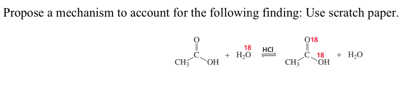 Propose a mechanism to account for the following finding: Use scratch paper.
O18
||
С. 18
ОН
18
HCI,
+ H2O
+ H2O
CH3
ОН
CH3
