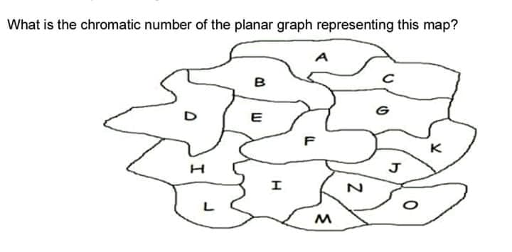 What is the chromatic number of the planar graph representing this map?
B
G
E
F
K
J
H
