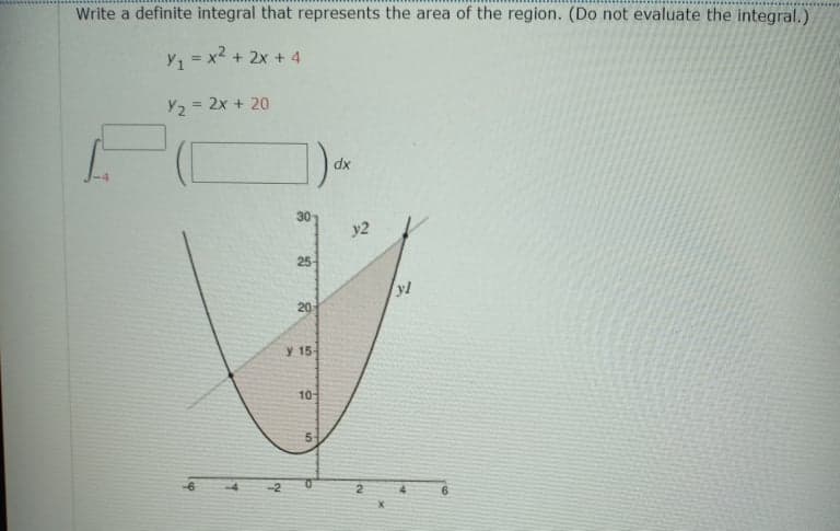 Write a definite integral that represents the area of the region. (Do not evaluate the integral.)
Y, = x2 + 2x + 4
Y2 = 2x + 20
dx
30
y2
25-
20
y 15-
10-
5,
