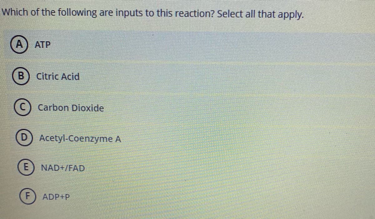 Which of the following are inputs to this reaction? Select all that apply.
(A) ATP
B) Citric Acid
Carbon Dioxide
D) Acetyl-Coenzyme A
E
NAD+/FAD
ADP+P
