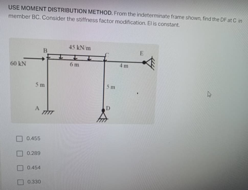 USE MOMENT DISTRIBUTION METHOD. From the indeterminate frame shown, find the DF at C in
member BC. Consider the stiffness factor modification. El is constant.
45 kN m
B
60 kN
6 m
4 m
5m
5 m
A
0.455
0.289
0.454
0.330
