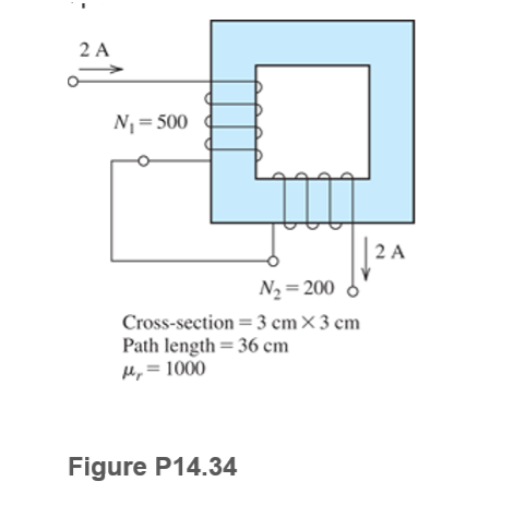 2 A
N= 500
2 A
N2 = 200 6
Cross-section = 3 cm×3 cm
Path length = 36 cm
H, = 1000
Figure P14.34
