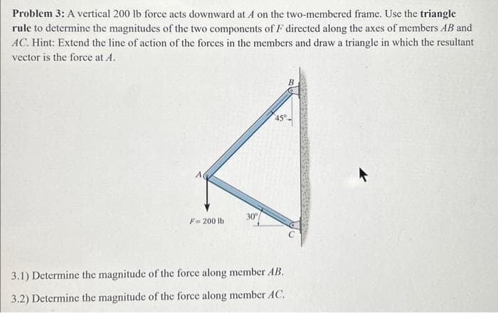 Problem 3: A vertical 200 lb force acts downward at A on the two-membered frame. Use the triangle
rule to determine the magnitudes of the two components of F directed along the axes of members AB and
AC. Hint: Extend the line of action of the forces in the members and draw a triangle in which the resultant
vector is the force at A.
A
F= 200 lb
30°
3.1) Determine the magnitude of the force along member AB.
3.2) Determine the magnitude of the force along member AC.
B