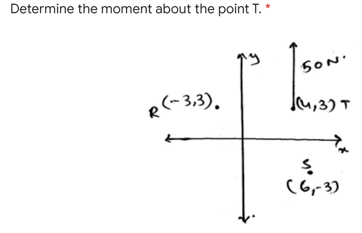 Determine the moment about the point T.
p(~3,3),
lu,3) T
(G,-3)
