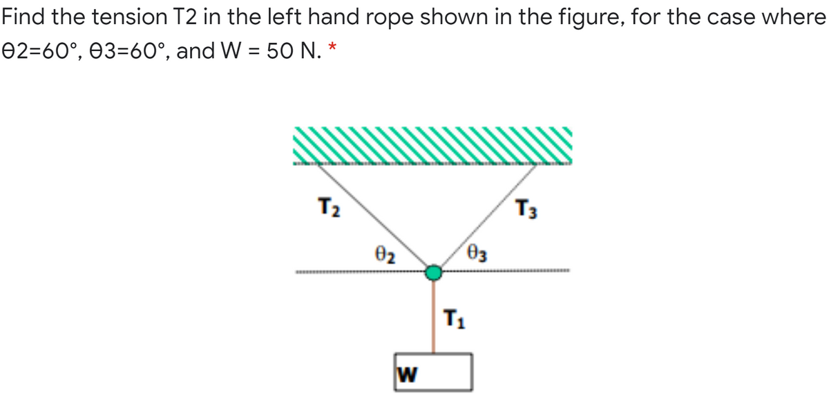 Find the tension T2 in the left hand rope shown in the figure, for the case where
02=60°, 03=60°, and W = 50 N. *
%3D
T2
T3
02
Өз
T1
w
