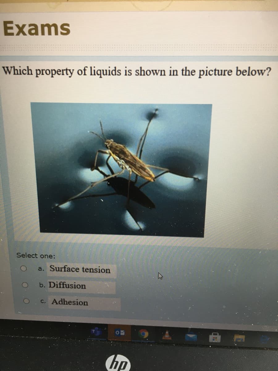 Exams
Which property of liquids is shown in the picture below?
Select one:
a. Surface tension
b. Diffusion
c. Adhesion
hp
