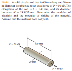 F8-14. A solid circular rod that is 600 mm long and 20 mm
in diameter is subjected to an axial force of P- 50 kN. The
elongation of the rod is 8 - 1.40 mm, and its diameter
becomes d' - 19.9837 mm. Determine the modulus of
elasticity and the modulus of rigidity of the material.
Assume that the material does not yield.
P= 50 kN
600 mm
20 mm
P= 50 kN
